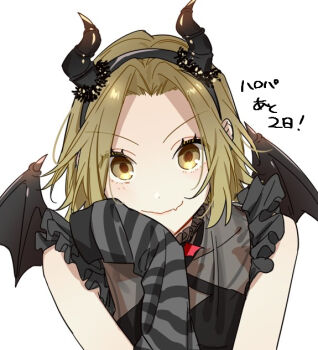 1girl black_hairband black_horns black_shirt black_wings brown_eyes brown_hair closed_mouth curtained_hair fang hagiwara_daisuke hairband halloween_costume hand_up hori-san_to_miyamura-kun horns shirt simple_background skin_fang solo translation_request upper_body white_background wings yoshikawa_yuki_(hori-san_to_miyamura-kun)