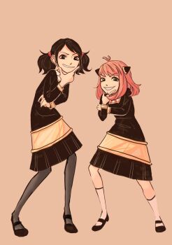 2girls anya_(spy_x_family) becky_blackbell black_dress black_pantyhose brown_eyes cone_hair_bun dress eden_academy_school_uniform green_eyes grin hair_bun hairpods hand_on_own_chin highres long_sleeves malbenita medium_hair multiple_girls pantyhose pink_hair school_uniform short_twintails simple_background smile socks spy_x_family teeth twintails white_socks
