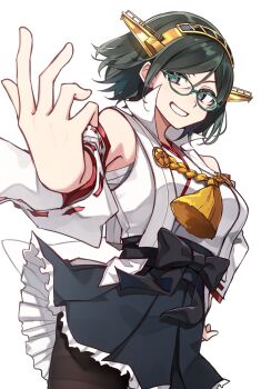 Rule 34 | 1girl, black hair, black pantyhose, black skirt, detached sleeves, glasses, gold hairband, green-framed eyewear, grey eyes, grin, hairband, hakama, hakama skirt, headgear, highres, japanese clothes, kantai collection, kirishima (kancolle), kirishima kai ni (kancolle), nontraditional miko, pantyhose, pleated skirt, popped collar, ribbon-trimmed sleeves, ribbon trim, short hair, simple background, skirt, smile, solo, tassel, tsumikitsuki (katsuobushi), white background