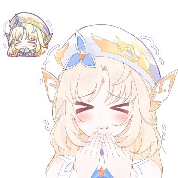 >_< 1girl blonde_hair blush commentary_request genshin_impact genshin_impact_sticker_redraw_(meme) hand_to_own_mouth hat highres meme nicole_reeyn portrait reference_inset simple_background solo tansanlemon100 trembling wavy_mouth white_background white_hat