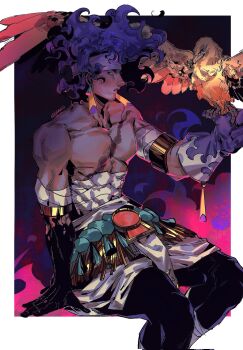 1boy abs animal arm_up armblet bandaged_stomach bird black_pants border chic_l collarbone commentary dark-skinned_male dark_skin earrings eyelashes floating_hair gloves hades_(series) hades_2 hashtag-only_commentary highres jewelry lips male_focus muscular muscular_male outside_border pants parted_lips pectorals piercing profile prometheus_(hades) purple_hair sitting solo teeth topless_male white_border