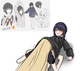 2girls barefoot black_hair black_hoodie blonde_hair blush chinese_commentary cho_kaguya-hime! commentary_request groin hood hoodie implied_cunnilingus kaguya_(cho_kaguya-hime!) leaf long_sleeves lying maple_leaf mole mole_under_eye multiple_girls oldgreen148180 on_back one_eye_closed prototype_design reference_inset sakayori_iroha shadow simple_background white_background yuri