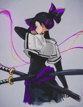 Rule 34 | 1girl, absurdres, black bodysuit, black hair, bodysuit, capelet, commentary, cowboy shot, earrings, english commentary, facing away, from behind, highres, jewelry, katana, long sleeves, multicolored hair, original, ponytail, purple hair, scabbard, sheath, sheathed, short hair, short ponytail, solo, sword, titanartx, two-tone hair, weapon, white capelet