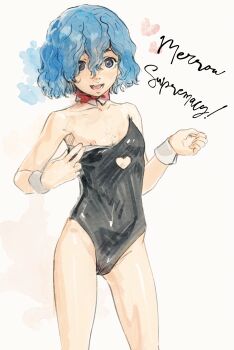 1girl absurdres bare_legs berserk black_leotard blue_eyes blue_hair bow bowtie butterchalk collarbone commentary detached_collar english_commentary flat_chest freckles hair_between_eyes highres isma leotard loli looking_at_viewer nipples open_mouth playboy_bunny red_bow red_bowtie smile solo standing thighs