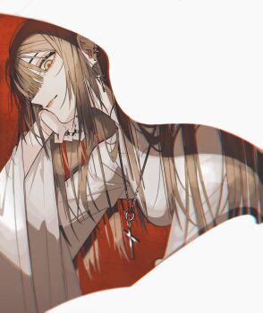 1girl absurdres arms_up bandaged_arm bandages brown_eyes brown_hair chromatic_aberration closed_mouth commentary cross cross_earrings cross_necklace dress earclip earrings english_commentary highres jewelry long_hair long_sleeves looking_at_viewer necklace noubin original ring solo very_long_hair white_dress wide_sleeves wispy_bangs