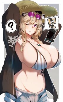 !? 1girl 1other ? animal_ears arknights armpits arms_up bikini black_jacket blonde_hair blush braid breasts brown_hat cleavage cowboy_shot doctor_(arknights) eyewear_on_head front-tie_bikini_top front-tie_top gin_moku grey_background grey_shorts groin hair_ornament hairclip hat highres huge_breasts jacket jewelry looking_at_viewer low_twin_braids medium_hair navel necklace official_alternate_costume one_eye_closed open_clothes open_jacket outline parted_lips pendant purple-tinted_eyewear purple_eyes round_eyewear shorts simple_background solo_focus sound_effects spoken_question_mark standing straw_hat striped_bikini striped_clothes sunglasses swimsuit tinted_eyewear twin_braids utage_(arknights) utage_(summer_flowers)_(arknights) vertical-striped_bikini vertical-striped_clothes white_bikini white_outline x_hair_ornament