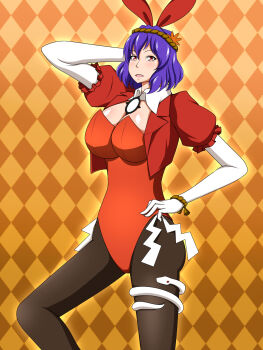 1girl adapted_costume animal_ears arm_behind_head bad_anatomy breasts cleavage female_focus hair_ornament highres lactone large_breasts leotard looking_at_viewer pantyhose purple_hair quality rabbit_ears red_eyes rope shimenawa short_hair smile snake solo touhou yasaka_kanako