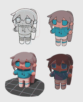 1girl aqua_eyes aqua_hoodie closed_mouth expressionless fake_ad grey_hair grid hair_between_eyes hoodie ichika-chan_(iiiichimaru_03) iiiichimaru_03 jitome long_hair mob_face original outstretched_arms ponytail shorts sidelocks simple_background sketch solo spread_arms t-pose thighhighs variations white_background white_shorts white_thighhighs