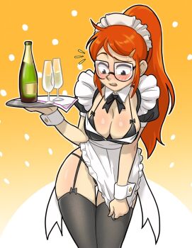 1girl alcohol apron black_bra black_panties black_thighhighs blush bottle bra breasts commentary cup drinking_glass embarrassed english_commentary garter_straps glasses highres infinity_train large_breasts long_hair maid maid_apron maid_headdress orange_hair panties ponytail ribbon solo sweat ta-na_(tana351) thick_thighs thighhighs thighs tulip_olsen underwear wide_hips wine wine_bottle wine_glass
