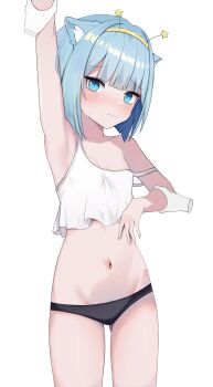 1girl absurdres animal_ear_fluff animal_ears arm_up armpits black_panties blue_eyes blue_hair blunt_bangs blush bob_cut breasts cat_ears cat_girl closed_mouth commentary disembodied_hand english_commentary gluteal_fold hairband highres jelly_hoshiumi midriff navel newjeffy7210 no_pants panties phase_connect short_hair simple_background small_breasts solo standing star_(symbol) star_in_eye strap_slip symbol_in_eye tank_top underwear virtual_youtuber white_background white_tank_top yellow_hairband
