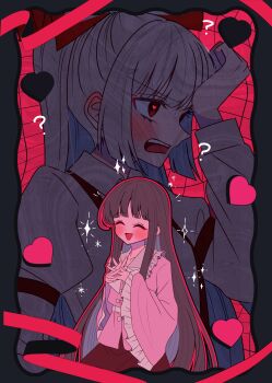 2girls ? ?? blush brown_hair closed_eyes collared_shirt commentary_request frilled_shirt_collar frilled_sleeves frills fujiwara_no_mokou grey_hair heart heart_in_eye highres houraisan_kaguya interlocked_fingers long_hair long_sleeves multiple_girls open_mouth own_hands_together pink_shirt red_skirt shirt skirt smile symbol_in_eye tamiko_(tamik0224) touhou very_long_hair wide_sleeves