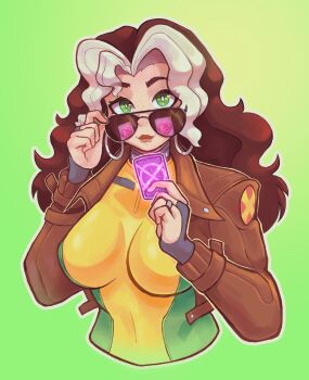Rule 34 | 1girl, adjusting eyewear, bodysuit, breasts, brown hair, brown jacket, card, closed mouth, earrings, freckles, green background, green bodysuit, green eyes, highres, holding, holding card, hoop earrings, jacket, jewelry, large breasts, long hair, looking at viewer, marvel, marvel rivals, multicolored bodysuit, multicolored hair, rogue (x-men), simple background, smile, solo, troolou, two-tone bodysuit, two-tone hair, white hair, x-men, yellow bodysuit