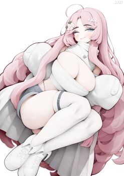 1girl ahoge black_panties blue_eyes blush breasts cleavage closed_mouth flower grey_shorts hair_ornament highleg highleg_panties highres jewelry large_breasts long_hair looking_at_viewer necklace one_eye_closed original panties pink_flower pink_hair rabbit_(wlsdnjs950) shoes shorts simple_background smirk sneakers solo strapless thigh_strap thighhighs tube_top turtleneck underwear very_long_hair white_background white_shoes white_thighhighs
