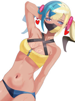 1girl absurdres arm_up armpits bikini blonde_hair blue_eyes blue_hair breasts canari_(pokemon) cleavage collarbone dark-skinned_female dark_skin dutch_angle hair_ornament heart highres looking_at_viewer mask medium_breasts mouth_mask multicolored_bikini multicolored_hair navel nintendo pokemon pokemon_legends:_z-a simple_background solo split-color_hair stomach swimsuit twintails two-tone_bikini two-tone_hair user_yhdp5543 wet white_background