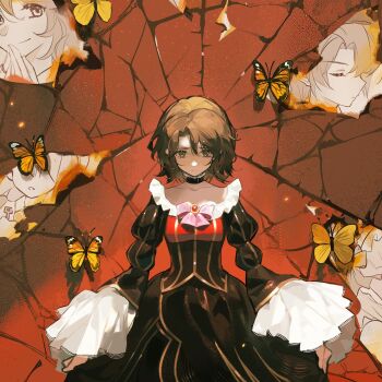 1girl black_choker black_dress bow brown_eyes brown_hair bug butterfly choker collarbone commentary crack cracked_wall dress highres insect long_dress medium_hair pink_bow solo spoilers standing symbol-only_commentary toto_(caaaaarrot) umineko_no_naku_koro_ni yasu_(umineko)