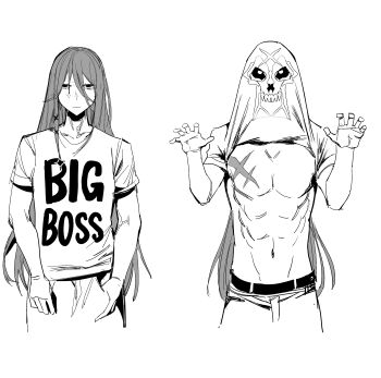 1boy abs absurdres azrael_(grand_assassin)_(fate) belt chinese_commentary claw_pose clothes_lift clothes_writing commentary_request english_text expressionless facial_mark fate/grand_order fate_(series) greyscale hair_between_eyes hands_in_pockets highres king_hassan_(fate) long_hair male_focus monochrome navel penis shirt_lift toned toned_male very_long_hair wtlong_han