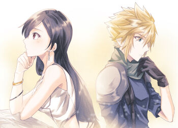 1boy 1girl armor back-to-back bangle bare_shoulders black_gloves black_hair blonde_hair blue_eyes blue_jacket bracelet breasts closed_mouth cloud_strife commentary_request crisis_core_final_fantasy_vii crop_top earrings elbow_rest final_fantasy final_fantasy_vii from_side gloves gradient_background green_scarf highres jacket jewelry light_blush long_hair medium_breasts mizuamememe profile red_eyes scarf shinra_infantry_uniform short_hair shoulder_armor single_earring spiked_hair suspenders tifa_lockhart upper_body