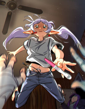 1boy 2girls :3 absurdres artist_name bandaged_arm bandages ceiling_fan commentary drawstring earrings elf english_commentary fern_(sousou_no_frieren) frieren green_eyes grey_hair grey_pants hands_up highres holding holding_knife holding_pregnancy_test indoors jewelry knife long_hair looking_at_viewer multiple_girls navel no_shoes pants parted_bangs pointy_ears pov pov_hands pregnancy_test purple_eyes purple_hair shirt short_sleeves smile snegovski sousou_no_frieren stark_(sousou_no_frieren) thick_eyebrows twintails