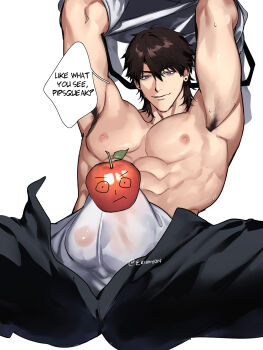 1boy adam&#039;s_apple apple brown_hair bulge caleb_(love_and_deepspace) censored collarbone earrings erection eriimyon food from_below fruit highres jewelry large_pectorals looking_at_viewer love_and_deepspace male_focus manly muscular muscular_male neck nose pectorals purple_eyes seductive_smile short_hair simple_background smile solo speech_bubble twitter_username undressing white_background