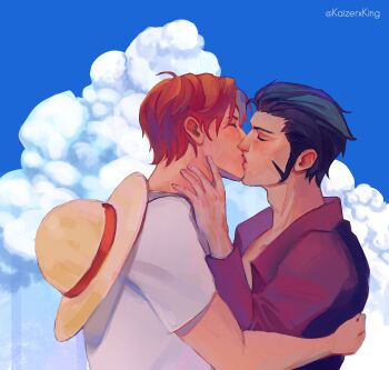 2boys adam's_apple black_hair blue_sky cloud cumulonimbus_cloud dracule_mihawk hat_on_back highres kaizer_(kaizerxking) kiss long_sideburns male_focus multiple_boys one_piece purple_shirt red_hair shanks_(one_piece) shirt short_hair sideburns sky white_shirt yaoi