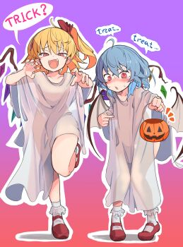 2girls ahoge blonde_hair blue_hair claw_pose commentary_request crystal_wings demon_wings english_text flandre_scarlet furorina furrowed_brow ghost_costume gradient_background half-closed_eyes halloween halloween_bucket hands_up highres long_hair mary_janes medium_hair multiple_girls outline purple_background red_background red_eyes red_shoes remilia_scarlet see-through_clothes see-through_silhouette shoes siblings sisters socks speech_bubble standing standing_on_one_leg thigh_gap thighs touhou white_outline white_socks wings