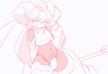 1girl commentary_request crotch_plate forehead_jewel helmet holding holding_staff kaidou_zx mega_man_(series) mega_man_zx model_w_(mega_man) monochrome pandora_(mega_man) red_theme simple_background sketch solo staff white_background