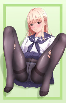 1girl akippoi_0919 black_pantyhose blonde_hair blue_neckerchief blue_sailor_collar blue_skirt blush border bow bow_panties brown_eyes closed_mouth clothes_lift commentary_request covered_navel crotch_seam full_body green_background green_border hands_on_own_thighs highres long_hair looking_at_viewer neckerchief no_shoes original outside_border panties panties_under_pantyhose pantyhose pleated_skirt sailor_collar school_uniform serafuku shadow shirt skirt skirt_lift smile solo straight_hair thighband_pantyhose underwear variant_set white_panties white_shirt
