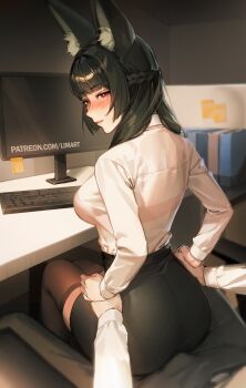 1boy 1girl absurdres alternate_costume animal_ear_fluff animal_ears black_hair black_skirt black_thighhighs blush bra_visible_through_clothes braid breasts computer_keyboard fox_ears fox_girl half_up_braid hands_on_another&#039;s_hips highres hoshimi_miyabi indoors limart long_hair looking_at_viewer medium_breasts monitor office_lady patreon_username pencil_skirt red_eyes shirt shirt_tucked_in sitting sitting_on_lap sitting_on_person skirt sticky_note thighhighs white_shirt zenless_zone_zero