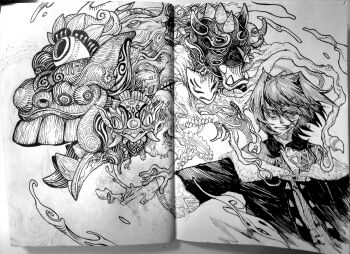 Rule 34 | 1girl, ange katrina, ange katrina (1st costume), blood, blood on face, closed mouth, coat, commentary request, crease, determined, greyscale, hair between eyes, hair intakes, hatching (texture), highres, jitome, linear hatching, long bangs, long sleeves, looking at viewer, medium hair, monochrome, monster, motion lines, nijisanji, off shoulder, outstretched arm, scan, shou-star, traditional media, upper body, virtual youtuber