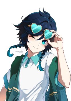 Rule 34 | 1boy, absurdres, alternate costume, aqua-framed eyewear, aqua eyes, aqua hair, black hair, braid, closed mouth, commentary, eyewear on head, genshin impact, gradient hair, green jacket, heart, heart-shaped eyewear, highres, jacket, lkari shi, male focus, multicolored hair, one eye closed, shirt, smile, solo, twin braids, venti (genshin impact), white shirt