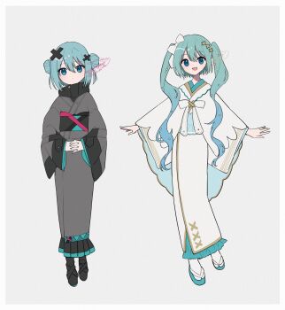 2girls alternate_costume alternate_hairstyle aqua_eyes aqua_hair aqua_nails batsu_miku black_kimono bow commentary_request double_bun dual_persona full_body gold_trim hair_bow hair_bun hair_ornament hatsune_miku highres hiramado_miku japanese_clothes kimono kitton_(hekiku13) kowareta_sekai_to_utaenai_miku long_sleeves looking_at_viewer multiple_girls project_sekai sandals socks vocaloid white_bow white_kimono white_socks x_hair_ornament