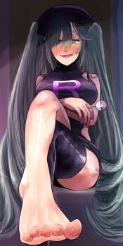 1girl barefoot blue_hair blush crossed_legs feet hatsune_miku highres long_hair looking_at_viewer open_mouth party_rock_eternity_(vocaloid) rnh0323 soles team_rocket team_rocket_uniform toes twintails vocaloid