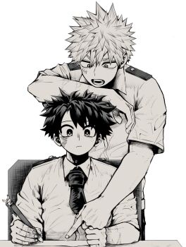 2boys arm_on_another's_head bakugou_katsuki boku_no_hero_academia chair collared_shirt commentary_request facial_scar highres holding holding_pencil looking_down male_focus midoriya_izuku multiple_boys open_mouth parted_bangs pencil pointing scar scar_on_cheek scar_on_face school_uniform shirt short_hair short_sleeves simple_background sitting spiked_hair u.a._school_uniform use_zeinuki white_background wing_collar
