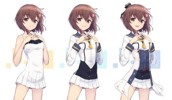1girl adapted_costume blue_sailor_collar breasts brown_eyes brown_hair cowboy_shot dress hands_on_own_chest highres kantai_collection minosu multiple_views original_remodel_(kantai_collection) sailor_collar sailor_shirt shirt short_hair simple_background small_breasts smile smokestack_hair_ornament standing white_background white_dress white_shirt yukikaze_(kancolle) yukikaze_kai_ni_(kancolle)