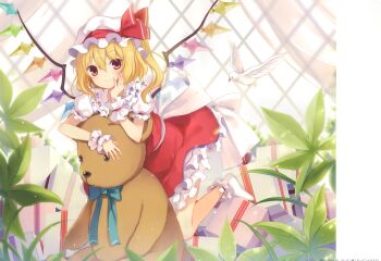 1girl 6u_(eternal_land) absurdres bird blonde_hair blue_bow bow box closed_mouth collared_shirt flandre_scarlet frilled_shirt_collar frills gift gift_box hand_on_own_cheek hand_on_own_face hat hat_ribbon highres leaf long_hair looking_at_viewer mob_cap no_shoes plant puffy_short_sleeves puffy_sleeves red_eyes red_ribbon red_skirt red_vest ribbon shirt short_sleeves skirt smile socks solo stuffed_animal stuffed_toy teddy_bear third-party_source touhou vest white_bird white_hat white_shirt white_socks wings wrist_cuffs