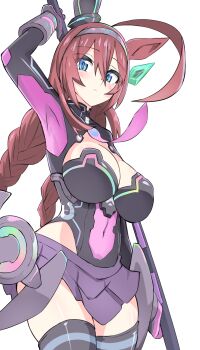 absurdres ahoge alternate_hairstyle black_leotard black_thighhighs blue_eyes braid breasts brown_hair choujigen_game_neptune commentary_request cosplay covered_navel hairband highleg highleg_leotard highres large_breasts leotard long_hair metal_hairband mihono_bourbon_(umamusume) miniskirt neptune_(series) niwaka_potato purple_heart_(neptunia) purple_heart_(neptunia)_(cosplay) skirt thighhighs twin_braids umamusume white_background