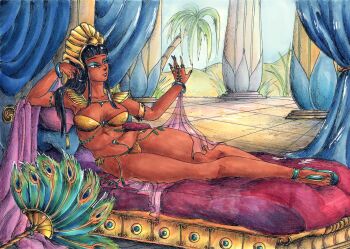 absurdres astarte_(castlevania) bikini black_hair bracelet breasts castlevania_(series) couch eyeshadow femdom headdress highres jewelry justsketchingviolets lying makeup pov pov_sub queen sandals swimsuit