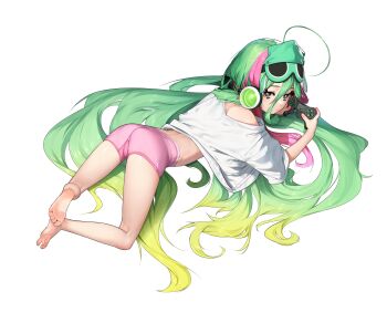 1girl absurdres ass barefoot beeeeen controller feet game_controller green_eyes green_hair headphones highres long_hair looking_at_viewer lying on_stomach soles toes transparent_background