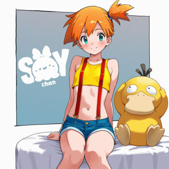 1girl aqua_eyes arm_support artist_name bare_arms bare_shoulders bilingual_commentary blue_background blush border character_name closed_mouth commentary crop_top denim denim_shorts gen_1_pokemon looking_at_another looking_at_viewer midriff misty_(pokemon) mixed-language_commentary navel nintendo orange_hair outside_border pokemon pokemon_(anime) pokemon_(classic_anime) pokemon_(creature) psyduck red_suspenders revision short_hair short_shorts shorts side_ponytail sitting smile soy-chan split_mouth stomach suspender_shorts suspenders tank_top watermark web_address white_border yellow_tank_top