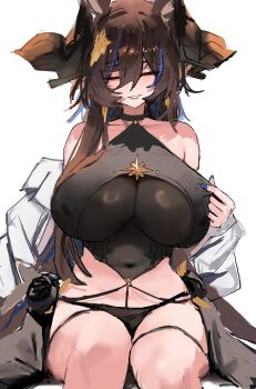 1girl absurdres animal_ears bare_shoulders bikini black_bikini breasts brown_hair brown_horns closed_eyes extra_ears galleon_(granblue_fantasy) galleon_(summer)_(granblue_fantasy) granblue_fantasy hair_between_eyes highres horns large_breasts long_hair multicolored_hair official_alternate_costume pointy_ears see-through_cleavage see-through_clothes solo streaked_hair swimsuit uun_(uundayo)