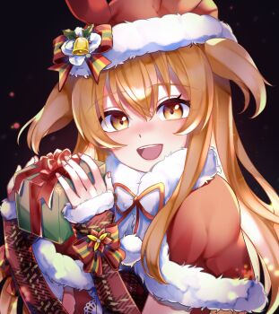 Rule 34 | 1girl, absurdres, animal ears, blush, box, capelet, christmas, commentary request, dress, ear covers, fur-trimmed capelet, fur-trimmed dress, fur-trimmed gloves, fur trim, gift, gift box, gloves, hat, hat ornament, highres, holly hat ornament, horse ears, horse girl, long hair, looking at viewer, mayano top gun (party formation) (umamusume), mayano top gun (umamusume), official alternate costume, om rm1101, open mouth, orange hair, plaid clothes, plaid gloves, red capelet, red dress, red gloves, santa costume, santa dress, santa hat, smile, solo, teeth, two side up, umamusume, upper body, upper teeth only