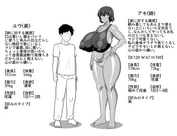 1boy 1girl aki_(amazon) amazon_(taitaitaira) armpit_crease bare_arms bare_hips bare_legs bare_shoulders barefoot blush breasts cleavage closed_mouth dark-skinned_female dark_skin faceless faceless_male gigantic_breasts greyscale hand_on_own_hip height_difference highres huge_areolae huge_breasts huge_nipples large_areolae looking_to_the_side measurements monochrome original pants pubic_hair see-through_clothes shirt short_hair simple_background size_difference standing tagme tall_female tan tank_top thick_thighs thighs translation_request white_background wide_hips yuu_(amazon)