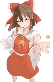 1girl absurdres ascot bow brown_eyes brown_hair chest_sarashi closed_mouth commentary_request detached_sleeves frilled_bow frilled_hair_tubes frills hair_bow hair_tubes hakurei_reimu hand_on_own_hip highres long_hair looking_at_viewer money_gesture nise6 red_bow red_skirt ribbon-trimmed_sleeves ribbon_trim sarashi simple_background skirt skirt_set smile solo touhou white_background yellow_ascot yen_sign