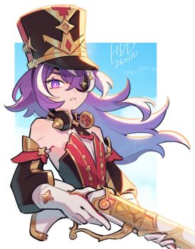 1girl antique_firearm artist_name bare_shoulders black_choker black_dress black_hat black_necktie black_sleeves blue_sky border bright_pupils buttons chain chevreuse_(genshin_impact) choker cloud cloudy_sky commentary_request crossed_bangs day detached_sleeves diamond_button dress eyepatch firearm floating_hair genshin_impact gloves gold_chain gold_trim gun hat headphones headphones_around_neck highres holding holding_gun holding_weapon long_hair long_sleeves looking_at_viewer multicolored_hair necktie outdoors outside_border puffy_detached_sleeves puffy_long_sleeves puffy_sleeves purple_eyes red_dress red_hat sky sleeveless sleeveless_dress solo star_ornament strapless strapless_dress streaked_hair teeth two-tone_dress two-tone_hat ukata upper_body weapon white_border white_gloves white_hair white_pupils