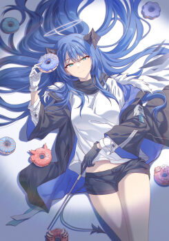 1girl 2026 absurdres aqua_eyes arknights asymmetrical_gloves black_gloves black_horns black_jacket black_shorts black_tail blue_hair blue_jacket chinese_commentary closed_mouth commentary_request cowboy_shot donut food fur_trim gloves grey_halo hair_between_eyes halo highres holding holding_donut holding_food horns innoarukugyou jacket long_hair looking_at_viewer lying mismatched_gloves mostima_(arknights) on_back shirt short_shorts shorts smile solo tail traditional_halo two-sided_fabric two-sided_jacket white_gloves white_shirt