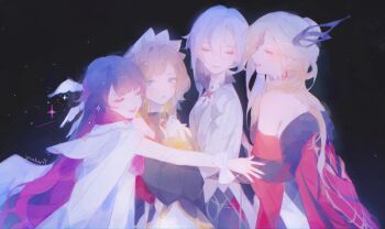 Rule 34 | 4girls, arlecchino (genshin impact), black collar, black mask, black pants, black sleeves, blonde hair, blue eyes, blush, butterfly mask, closed eyes, coat, collar, columbina (genshin impact), detached collar, detached sleeves, dress, fishnet gloves, fishnets, gem, genshin impact, gloves, grey coat, hair ornament, half mask, head wings, headdress, highres, hug, insect wings, lace-trimmed eyepatch, mask, mask over one eye, masked, moth wings, multicolored hair, multiple girls, multiple wings, open mouth, own hands together, pants, purple hair, purple streaks, red gem, red lips, sandrone (genshin impact), short hair with long locks, signora (genshin impact), smile, streaked hair, white coat, white dress, white hair, white headdress, white wings, wing hair ornament, wings, wrist bow, yumberris