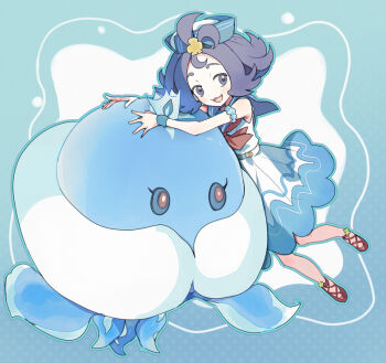 Rule 34 | 1girl, :d, acerola (pokemon), acerola (summer 2024) (pokemon), armlet, commentary request, dress, flipped hair, gen 5 pokemon, grey eyes, hair ornament, hands up, happy, hat, jellicent, jellicent (male), jewelry, medium hair, mxkjxm (nhss2337), nintendo, open mouth, pokemon, pokemon (creature), pokemon masters ex, purple hair, red footwear, shoes, smile, topknot, white dress, wristband