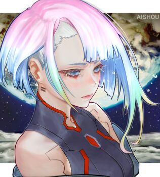 1girl absurdres ai_shou artist_name bare_shoulders blue_eyes commentary crying crying_with_eyes_open cyberpunk_(series) cyberpunk:_edgerunners english_commentary highres letterboxed lucy_(cyberpunk) makeup multicolored_hair off_shoulder short_hair sleeveless solo tears