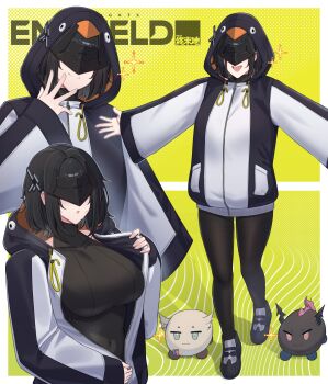 1girl absurdres alternate_breast_size_(larger) alternate_costume animal_costume animal_hood animalization ant_k arknights arknights:_endfield bare_shoulders black_hair black_pantyhose blue_eyes breasts chen_qianyu_(arknights) chibi closed_mouth commentary copyright_name covered_navel dragon_bubble_(arknights) dragon_horns endministrator_(arknights) eye_mask female_endministrator_(arknights) full_body hand_up highres hood hood_up horns huge_breasts mask multiple_views open_clothes open_mouth pantyhose parted_lips penguin_costume penguin_hood perlica_(arknights) red_eyes smile standing sweat turtleneck upper_body