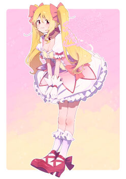 Rule 34 | 1girl, ankle ribbon, ankle strap, blonde hair, bobby socks, border, bow, breasts, bubble skirt, buttons, center frills, choker, cleavage, closed mouth, clothes tug, collarbone, commentary request, cosplay, cross-laced shoes, doily, dorsiflexion, dot nose, dress, embarrassed, frilled skirt, frilled sleeves, frills, frown, full body, furrowed brow, gem, gloves, gradient background, hair between eyes, hair ribbon, high heels, highres, kaname madoka, kaname madoka (cosplay), kaname madoka (magical girl), kneehighs, large breasts, leg ribbon, legs together, magia record: mahou shoujo madoka magica gaiden, magical girl, mahou shoujo madoka magica, mahou shoujo madoka magica (anime), outline, pink background, pink bow, pink choker, pink dress, pink ribbon, puffy short sleeves, puffy sleeves, pumps, red eyes, red gemstone, red ribbon, red shoes, revision, ribbon, ribbon choker, serizawa serizane, shiny footwear, shiny skin, shoes, short sleeves, shy, sidelocks, sideways glance, simple background, skirt, socks, solo, soul gem, sparkle background, standing, sweatdrop, togame momoko, twintails, twitter username, two-tone dress, v arms, waist bow, watermark, wavy hair, wavy mouth, white border, white gloves, white outline, white skirt, white socks, yellow background